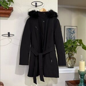 DKNY Women's Black Fur-Trimmed belted Coat jacket size XL